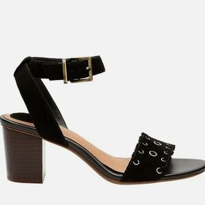 SOLD- Clarks  Collection Black Block Heel Sandals With Top Suede Top And Stripe